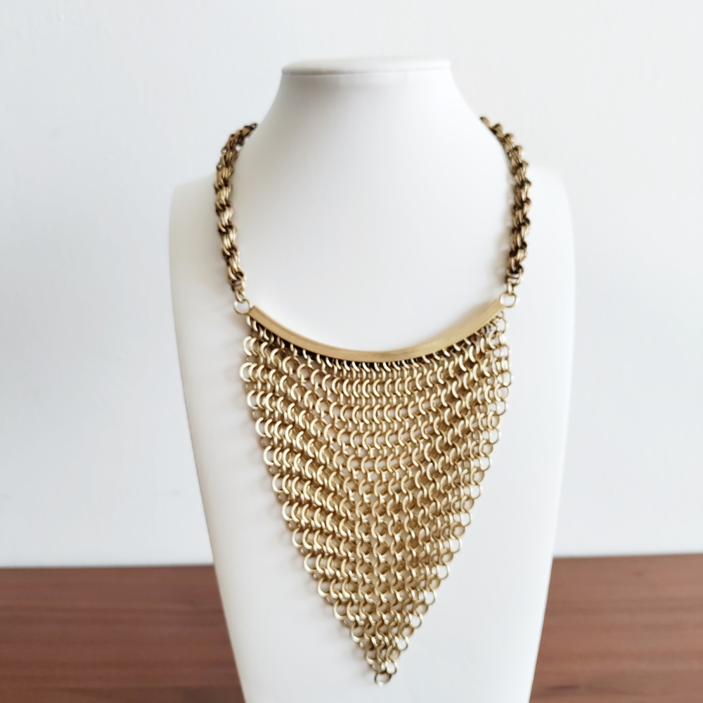 Whiting & Davis Gold Chainmail Necklace with Dramatic Bib